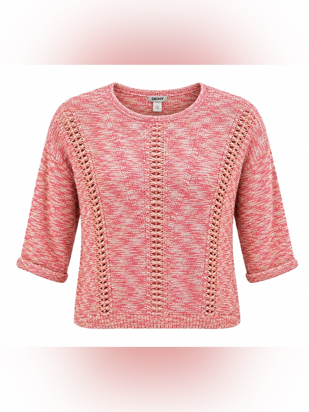 DKNY XL Pink Open Knit Crochet Sweater Short Sleeve Lightweight Pullover